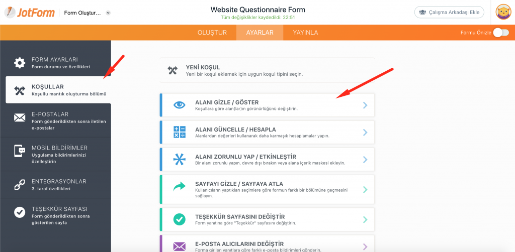 JotForm koşullar