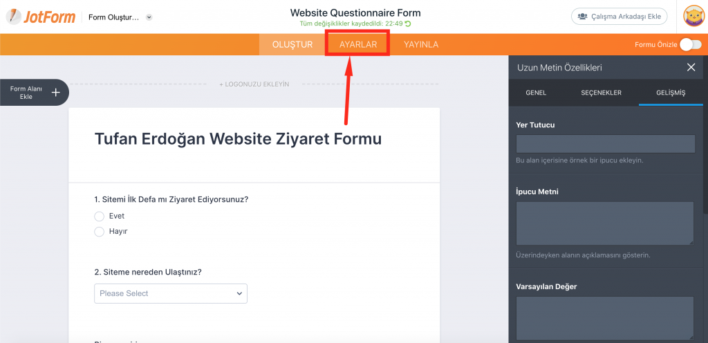 JotForm ayarlar